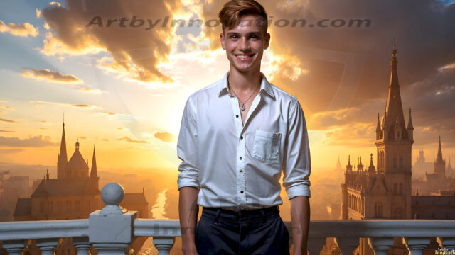 The Beautiful Young Men of the Golden City, is a collection of AI generated images of sexy, glamorous, handsome guys in the heavens. In this fantasy photograph of a young men in their late teens and 20's, overlooking a large golden city in the heavens. Generated to be as realistic as possible, in this this fantasy setting, with todays technology. Wearing jeans, an unbuttoned, vibrant, long-sleeve, button down shirt. The subject is enjoying a beautiful day outdoors. The mystical, galactic landscape, and the vibrant cosmic canopies, every detail, from the texture of the clouds, to the magnificent, majestic gothic architecture of the golden city, is crafted to create an atmosphere of reverence and divine glory. With a breathtaking scene, offering warm golden hour lighting. The heavenly landscape evokes a sense of freedom and tranquility, that is expresses through his facial features and smile, as day turns to night. The heavenly landscape evokes a sense of mysterious black space and light, with a vast galaxy that almost covers the image, the stars and constellations sparkle bright, in dark blue sky.