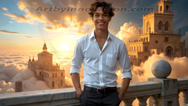 The Beautiful Young Men of the Golden City, is a collection of AI generated images of sexy, glamorous, handsome guys in the heavens. In this fantasy photograph of a young men in their late teens and 20's, overlooking a large golden city in the heavens. Generated to be as realistic as possible, in this this fantasy setting, with todays technology. Wearing jeans, an unbuttoned, vibrant, long-sleeve, button down shirt. The subject is enjoying a beautiful day outdoors. The mystical, galactic landscape, and the vibrant cosmic canopies, every detail, from the texture of the clouds, to the magnificent, majestic gothic architecture of the golden city, is crafted to create an atmosphere of reverence and divine glory. With a breathtaking scene, offering warm golden hour lighting. The heavenly landscape evokes a sense of freedom and tranquility, that is expresses through his facial features and smile, as day turns to night. The heavenly landscape evokes a sense of mysterious black space and light, with a vast galaxy that almost covers the image, the stars and constellations sparkle bright, in dark blue sky.