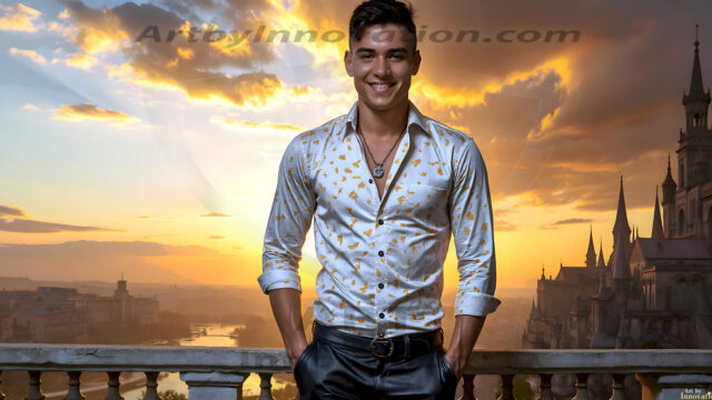 The Beautiful Young Men of the Golden City, is a collection of AI generated images of sexy, glamorous, handsome guys in the heavens. In this fantasy photograph of a young men in their late teens and 20's, overlooking a large golden city in the heavens. Generated to be as realistic as possible, in this this fantasy setting, with todays technology. Wearing jeans, an unbuttoned, vibrant, long-sleeve, button down shirt. The subject is enjoying a beautiful day outdoors. The mystical, galactic landscape, and the vibrant cosmic canopies, every detail, from the texture of the clouds, to the magnificent, majestic gothic architecture of the golden city, is crafted to create an atmosphere of reverence and divine glory. With a breathtaking scene, offering warm golden hour lighting. The heavenly landscape evokes a sense of freedom and tranquility, that is expresses through his facial features and smile, as day turns to night. The heavenly landscape evokes a sense of mysterious black space and light, with a vast galaxy that almost covers the image, the stars and constellations sparkle bright, in dark blue sky.