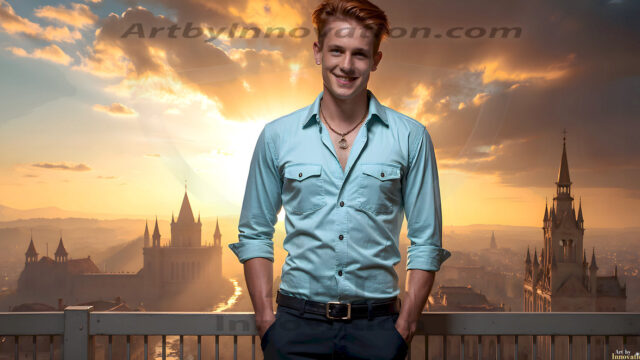 The Beautiful Young Men of the Golden City, is a collection of AI generated images of sexy, glamorous, handsome guys in the heavens. In this fantasy photograph of a young men in their late teens and 20's, overlooking a large golden city in the heavens. Generated to be as realistic as possible, in this this fantasy setting, with todays technology. Wearing jeans, an unbuttoned, vibrant, long-sleeve, button down shirt. The subject is enjoying a beautiful day outdoors. The mystical, galactic landscape, and the vibrant cosmic canopies, every detail, from the texture of the clouds, to the magnificent, majestic gothic architecture of the golden city, is crafted to create an atmosphere of reverence and divine glory. With a breathtaking scene, offering warm golden hour lighting. The heavenly landscape evokes a sense of freedom and tranquility, that is expresses through his facial features and smile, as day turns to night. The heavenly landscape evokes a sense of mysterious black space and light, with a vast galaxy that almost covers the image, the stars and constellations sparkle bright, in dark blue sky.