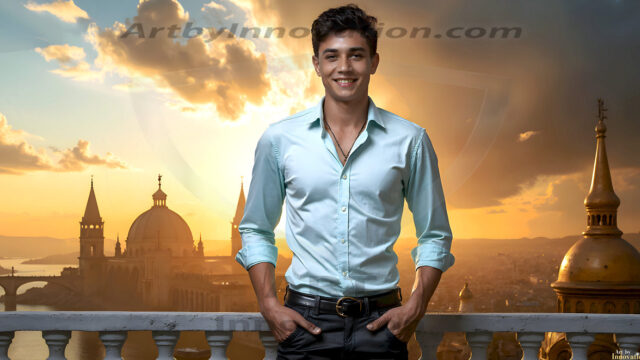 The Beautiful Young Men of the Golden City, is a collection of AI generated images of sexy, glamorous, handsome guys in the heavens. In this fantasy photograph of a young men in their late teens and 20's, overlooking a large golden city in the heavens. Generated to be as realistic as possible, in this this fantasy setting, with todays technology. Wearing jeans, an unbuttoned, vibrant, long-sleeve, button down shirt. The subject is enjoying a beautiful day outdoors. The mystical, galactic landscape, and the vibrant cosmic canopies, every detail, from the texture of the clouds, to the magnificent, majestic gothic architecture of the golden city, is crafted to create an atmosphere of reverence and divine glory. With a breathtaking scene, offering warm golden hour lighting. The heavenly landscape evokes a sense of freedom and tranquility, that is expresses through his facial features and smile, as day turns to night. The heavenly landscape evokes a sense of mysterious black space and light, with a vast galaxy that almost covers the image, the stars and constellations sparkle bright, in dark blue sky.