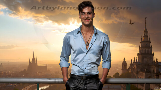 The Beautiful Young Men of the Golden City, is a collection of AI generated images of sexy, glamorous, handsome guys in the heavens. In this fantasy photograph of a young men in their late teens and 20's, overlooking a large golden city in the heavens. Generated to be as realistic as possible, in this this fantasy setting, with todays technology. Wearing jeans, an unbuttoned, vibrant, long-sleeve, button down shirt. The subject is enjoying a beautiful day outdoors. The mystical, galactic landscape, and the vibrant cosmic canopies, every detail, from the texture of the clouds, to the magnificent, majestic gothic architecture of the golden city, is crafted to create an atmosphere of reverence and divine glory. With a breathtaking scene, offering warm golden hour lighting. The heavenly landscape evokes a sense of freedom and tranquility, that is expresses through his facial features and smile, as day turns to night. The heavenly landscape evokes a sense of mysterious black space and light, with a vast galaxy that almost covers the image, the stars and constellations sparkle bright, in dark blue sky.