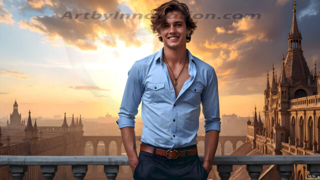 The Beautiful Young Men of the Golden City, is a collection of AI generated images of sexy, glamorous, handsome guys in the heavens. In this fantasy photograph of a young men in their late teens and 20's, overlooking a large golden city in the heavens. Generated to be as realistic as possible, in this this fantasy setting, with todays technology. Wearing jeans, an unbuttoned, vibrant, long-sleeve, button down shirt. The subject is enjoying a beautiful day outdoors. The mystical, galactic landscape, and the vibrant cosmic canopies, every detail, from the texture of the clouds, to the magnificent, majestic gothic architecture of the golden city, is crafted to create an atmosphere of reverence and divine glory. With a breathtaking scene, offering warm golden hour lighting. The heavenly landscape evokes a sense of freedom and tranquility, that is expresses through his facial features and smile, as day turns to night. The heavenly landscape evokes a sense of mysterious black space and light, with a vast galaxy that almost covers the image, the stars and constellations sparkle bright, in dark blue sky.