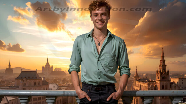 The Beautiful Young Men of the Golden City, is a collection of AI generated images of sexy, glamorous, handsome guys in the heavens. In this fantasy photograph of a young men in their late teens and 20's, overlooking a large golden city in the heavens. Generated to be as realistic as possible, in this this fantasy setting, with todays technology. Wearing jeans, an unbuttoned, vibrant, long-sleeve, button down shirt. The subject is enjoying a beautiful day outdoors. The mystical, galactic landscape, and the vibrant cosmic canopies, every detail, from the texture of the clouds, to the magnificent, majestic gothic architecture of the golden city, is crafted to create an atmosphere of reverence and divine glory. With a breathtaking scene, offering warm golden hour lighting. The heavenly landscape evokes a sense of freedom and tranquility, that is expresses through his facial features and smile, as day turns to night. The heavenly landscape evokes a sense of mysterious black space and light, with a vast galaxy that almost covers the image, the stars and constellations sparkle bright, in dark blue sky.