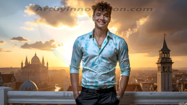 The Beautiful Young Men of the Golden City, is a collection of AI generated images of sexy, glamorous, handsome guys in the heavens. In this fantasy photograph of a young men in their late teens and 20's, overlooking a large golden city in the heavens. Generated to be as realistic as possible, in this this fantasy setting, with todays technology. Wearing jeans, an unbuttoned, vibrant, long-sleeve, button down shirt. The subject is enjoying a beautiful day outdoors. The mystical, galactic landscape, and the vibrant cosmic canopies, every detail, from the texture of the clouds, to the magnificent, majestic gothic architecture of the golden city, is crafted to create an atmosphere of reverence and divine glory. With a breathtaking scene, offering warm golden hour lighting. The heavenly landscape evokes a sense of freedom and tranquility, that is expresses through his facial features and smile, as day turns to night. The heavenly landscape evokes a sense of mysterious black space and light, with a vast galaxy that almost covers the image, the stars and constellations sparkle bright, in dark blue sky.