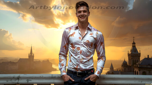 The Beautiful Young Men of the Golden City, is a collection of AI generated images of sexy, glamorous, handsome guys in the heavens. In this fantasy photograph of a young men in their late teens and 20's, overlooking a large golden city in the heavens. Generated to be as realistic as possible, in this this fantasy setting, with todays technology. Wearing jeans, an unbuttoned, vibrant, long-sleeve, button down shirt. The subject is enjoying a beautiful day outdoors. The mystical, galactic landscape, and the vibrant cosmic canopies, every detail, from the texture of the clouds, to the magnificent, majestic gothic architecture of the golden city, is crafted to create an atmosphere of reverence and divine glory. With a breathtaking scene, offering warm golden hour lighting. The heavenly landscape evokes a sense of freedom and tranquility, that is expresses through his facial features and smile, as day turns to night. The heavenly landscape evokes a sense of mysterious black space and light, with a vast galaxy that almost covers the image, the stars and constellations sparkle bright, in dark blue sky.