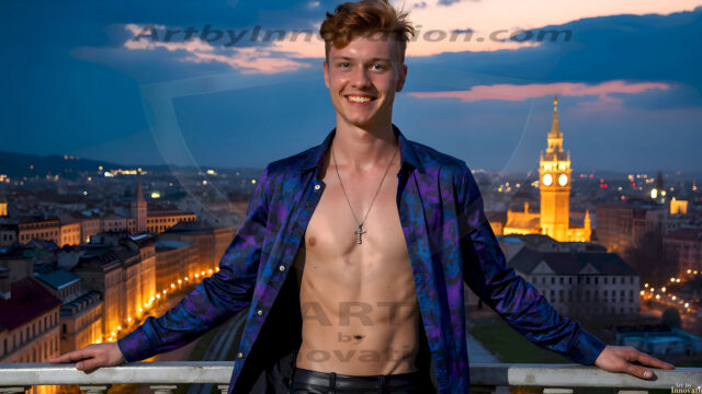 The Beautiful Young Men of the Golden City, is a collection of AI generated images of sexy, glamorous, handsome guys in the heavens. In this fantasy photograph of a young men in their late teens and 20's, overlooking a large golden city in the heavens. Generated to be as realistic as possible, in this this fantasy setting, with todays technology. Wearing jeans, an unbuttoned, vibrant, long-sleeve, button down shirt. The subject is enjoying a beautiful day outdoors. The mystical, galactic landscape, and the vibrant cosmic canopies, every detail, from the texture of the clouds, to the magnificent, majestic gothic architecture of the golden city, is crafted to create an atmosphere of reverence and divine glory. With a breathtaking scene, offering warm golden hour lighting. The heavenly landscape evokes a sense of freedom and tranquility, that is expresses through his facial features and smile, as day turns to night. The heavenly landscape evokes a sense of mysterious black space and light, with a vast galaxy that almost covers the image, the stars and constellations sparkle bright, in dark blue sky.