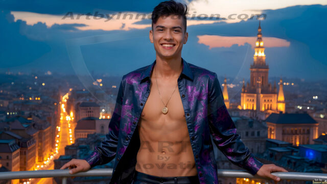 The Beautiful Young Men of the Golden City, is a collection of AI generated images of sexy, glamorous, handsome guys in the heavens. In this fantasy photograph of a young men in their late teens and 20's, overlooking a large golden city in the heavens. Generated to be as realistic as possible, in this this fantasy setting, with todays technology. Wearing jeans, an unbuttoned, vibrant, long-sleeve, button down shirt. The subject is enjoying a beautiful day outdoors. The mystical, galactic landscape, and the vibrant cosmic canopies, every detail, from the texture of the clouds, to the magnificent, majestic gothic architecture of the golden city, is crafted to create an atmosphere of reverence and divine glory. With a breathtaking scene, offering warm golden hour lighting. The heavenly landscape evokes a sense of freedom and tranquility, that is expresses through his facial features and smile, as day turns to night. The heavenly landscape evokes a sense of mysterious black space and light, with a vast galaxy that almost covers the image, the stars and constellations sparkle bright, in dark blue sky.