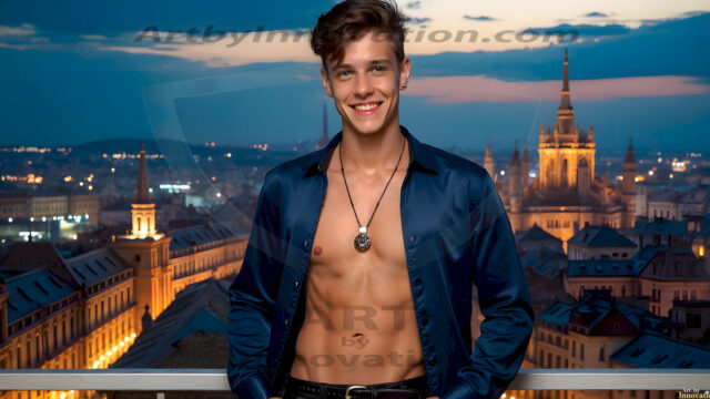 The Beautiful Young Men of the Golden City, is a collection of AI generated images of sexy, glamorous, handsome guys in the heavens. In this fantasy photograph of a young men in their late teens and 20's, overlooking a large golden city in the heavens. Generated to be as realistic as possible, in this this fantasy setting, with todays technology. Wearing jeans, an unbuttoned, vibrant, long-sleeve, button down shirt. The subject is enjoying a beautiful day outdoors. The mystical, galactic landscape, and the vibrant cosmic canopies, every detail, from the texture of the clouds, to the magnificent, majestic gothic architecture of the golden city, is crafted to create an atmosphere of reverence and divine glory. With a breathtaking scene, offering warm golden hour lighting. The heavenly landscape evokes a sense of freedom and tranquility, that is expresses through his facial features and smile, as day turns to night. The heavenly landscape evokes a sense of mysterious black space and light, with a vast galaxy that almost covers the image, the stars and constellations sparkle bright, in dark blue sky.