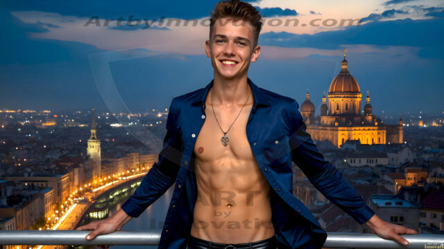 The Beautiful Young Men of the Golden City, is a collection of AI generated images of sexy, glamorous, handsome guys in the heavens. In this fantasy photograph of a young men in their late teens and 20's, overlooking a large golden city in the heavens. Generated to be as realistic as possible, in this this fantasy setting, with todays technology. Wearing jeans, an unbuttoned, vibrant, long-sleeve, button down shirt. The subject is enjoying a beautiful day outdoors. The mystical, galactic landscape, and the vibrant cosmic canopies, every detail, from the texture of the clouds, to the magnificent, majestic gothic architecture of the golden city, is crafted to create an atmosphere of reverence and divine glory. With a breathtaking scene, offering warm golden hour lighting. The heavenly landscape evokes a sense of freedom and tranquility, that is expresses through his facial features and smile, as day turns to night. The heavenly landscape evokes a sense of mysterious black space and light, with a vast galaxy that almost covers the image, the stars and constellations sparkle bright, in dark blue sky.