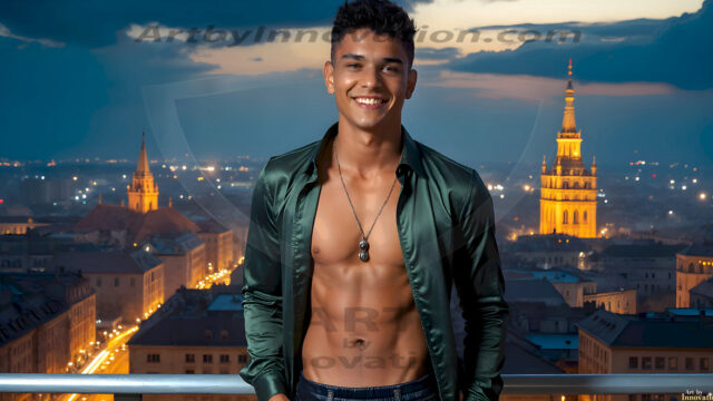 The Beautiful Young Men of the Golden City, is a collection of AI generated images of sexy, glamorous, handsome guys in the heavens. In this fantasy photograph of a young men in their late teens and 20's, overlooking a large golden city in the heavens. Generated to be as realistic as possible, in this this fantasy setting, with todays technology. Wearing jeans, an unbuttoned, vibrant, long-sleeve, button down shirt. The subject is enjoying a beautiful day outdoors. The mystical, galactic landscape, and the vibrant cosmic canopies, every detail, from the texture of the clouds, to the magnificent, majestic gothic architecture of the golden city, is crafted to create an atmosphere of reverence and divine glory. With a breathtaking scene, offering warm golden hour lighting. The heavenly landscape evokes a sense of freedom and tranquility, that is expresses through his facial features and smile, as day turns to night. The heavenly landscape evokes a sense of mysterious black space and light, with a vast galaxy that almost covers the image, the stars and constellations sparkle bright, in dark blue sky.