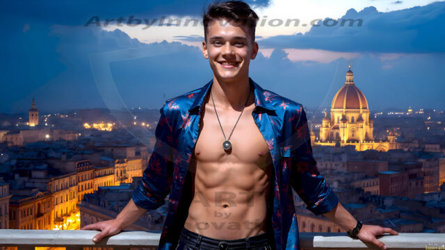 The Beautiful Young Men of the Golden City, is a collection of AI generated images of sexy, glamorous, handsome guys in the heavens. In this fantasy photograph of a young men in their late teens and 20's, overlooking a large golden city in the heavens. Generated to be as realistic as possible, in this this fantasy setting, with todays technology. Wearing jeans, an unbuttoned, vibrant, long-sleeve, button down shirt. The subject is enjoying a beautiful day outdoors. The mystical, galactic landscape, and the vibrant cosmic canopies, every detail, from the texture of the clouds, to the magnificent, majestic gothic architecture of the golden city, is crafted to create an atmosphere of reverence and divine glory. With a breathtaking scene, offering warm golden hour lighting. The heavenly landscape evokes a sense of freedom and tranquility, that is expresses through his facial features and smile, as day turns to night. The heavenly landscape evokes a sense of mysterious black space and light, with a vast galaxy that almost covers the image, the stars and constellations sparkle bright, in dark blue sky.