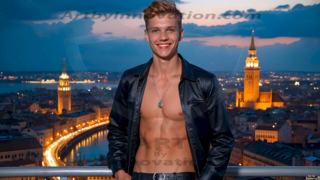The Beautiful Young Men of the Golden City, is a collection of AI generated images of sexy, glamorous, handsome guys in the heavens. In this fantasy photograph of a young men in their late teens and 20's, overlooking a large golden city in the heavens. Generated to be as realistic as possible, in this this fantasy setting, with todays technology. Wearing jeans, an unbuttoned, vibrant, long-sleeve, button down shirt. The subject is enjoying a beautiful day outdoors. The mystical, galactic landscape, and the vibrant cosmic canopies, every detail, from the texture of the clouds, to the magnificent, majestic gothic architecture of the golden city, is crafted to create an atmosphere of reverence and divine glory. With a breathtaking scene, offering warm golden hour lighting. The heavenly landscape evokes a sense of freedom and tranquility, that is expresses through his facial features and smile, as day turns to night. The heavenly landscape evokes a sense of mysterious black space and light, with a vast galaxy that almost covers the image, the stars and constellations sparkle bright, in dark blue sky.