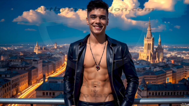 The Beautiful Young Men of the Golden City, is a collection of AI generated images of sexy, glamorous, handsome guys in the heavens. In this fantasy photograph of a young men in their late teens and 20's, overlooking a large golden city in the heavens. Generated to be as realistic as possible, in this this fantasy setting, with todays technology. Wearing jeans, an unbuttoned, vibrant, long-sleeve, button down shirt. The subject is enjoying a beautiful day outdoors. The mystical, galactic landscape, and the vibrant cosmic canopies, every detail, from the texture of the clouds, to the magnificent, majestic gothic architecture of the golden city, is crafted to create an atmosphere of reverence and divine glory. With a breathtaking scene, offering warm golden hour lighting. The heavenly landscape evokes a sense of freedom and tranquility, that is expresses through his facial features and smile, as day turns to night. The heavenly landscape evokes a sense of mysterious black space and light, with a vast galaxy that almost covers the image, the stars and constellations sparkle bright, in dark blue sky.