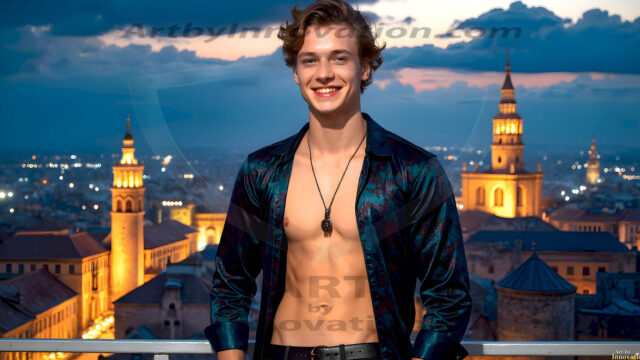 The Beautiful Young Men of the Golden City, is a collection of AI generated images of sexy, glamorous, handsome guys in the heavens. In this fantasy photograph of a young men in their late teens and 20's, overlooking a large golden city in the heavens. Generated to be as realistic as possible, in this this fantasy setting, with todays technology. Wearing jeans, an unbuttoned, vibrant, long-sleeve, button down shirt. The subject is enjoying a beautiful day outdoors. The mystical, galactic landscape, and the vibrant cosmic canopies, every detail, from the texture of the clouds, to the magnificent, majestic gothic architecture of the golden city, is crafted to create an atmosphere of reverence and divine glory. With a breathtaking scene, offering warm golden hour lighting. The heavenly landscape evokes a sense of freedom and tranquility, that is expresses through his facial features and smile, as day turns to night. The heavenly landscape evokes a sense of mysterious black space and light, with a vast galaxy that almost covers the image, the stars and constellations sparkle bright, in dark blue sky.