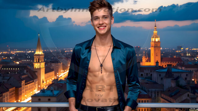 The Beautiful Young Men of the Golden City, is a collection of AI generated images of sexy, glamorous, handsome guys in the heavens. In this fantasy photograph of a young men in their late teens and 20's, overlooking a large golden city in the heavens. Generated to be as realistic as possible, in this this fantasy setting, with todays technology. Wearing jeans, an unbuttoned, vibrant, long-sleeve, button down shirt. The subject is enjoying a beautiful day outdoors. The mystical, galactic landscape, and the vibrant cosmic canopies, every detail, from the texture of the clouds, to the magnificent, majestic gothic architecture of the golden city, is crafted to create an atmosphere of reverence and divine glory. With a breathtaking scene, offering warm golden hour lighting. The heavenly landscape evokes a sense of freedom and tranquility, that is expresses through his facial features and smile, as day turns to night. The heavenly landscape evokes a sense of mysterious black space and light, with a vast galaxy that almost covers the image, the stars and constellations sparkle bright, in dark blue sky.