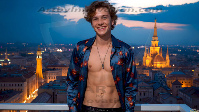 The Beautiful Young Men of the Golden City, is a collection of AI generated images of sexy, glamorous, handsome guys in the heavens. In this fantasy photograph of a young men in their late teens and 20's, overlooking a large golden city in the heavens. Generated to be as realistic as possible, in this this fantasy setting, with todays technology. Wearing jeans, an unbuttoned, vibrant, long-sleeve, button down shirt. The subject is enjoying a beautiful day outdoors. The mystical, galactic landscape, and the vibrant cosmic canopies, every detail, from the texture of the clouds, to the magnificent, majestic gothic architecture of the golden city, is crafted to create an atmosphere of reverence and divine glory. With a breathtaking scene, offering warm golden hour lighting. The heavenly landscape evokes a sense of freedom and tranquility, that is expresses through his facial features and smile, as day turns to night. The heavenly landscape evokes a sense of mysterious black space and light, with a vast galaxy that almost covers the image, the stars and constellations sparkle bright, in dark blue sky.