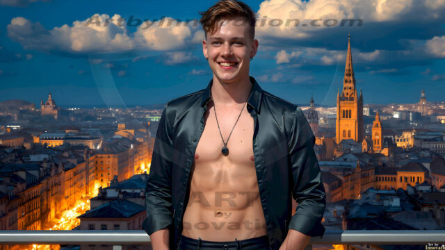 The Beautiful Young Men of the Golden City, is a collection of AI generated images of sexy, glamorous, handsome guys in the heavens. In this fantasy photograph of a young men in their late teens and 20's, overlooking a large golden city in the heavens. Generated to be as realistic as possible, in this this fantasy setting, with todays technology. Wearing jeans, an unbuttoned, vibrant, long-sleeve, button down shirt. The subject is enjoying a beautiful day outdoors. The mystical, galactic landscape, and the vibrant cosmic canopies, every detail, from the texture of the clouds, to the magnificent, majestic gothic architecture of the golden city, is crafted to create an atmosphere of reverence and divine glory. With a breathtaking scene, offering warm golden hour lighting. The heavenly landscape evokes a sense of freedom and tranquility, that is expresses through his facial features and smile, as day turns to night. The heavenly landscape evokes a sense of mysterious black space and light, with a vast galaxy that almost covers the image, the stars and constellations sparkle bright, in dark blue sky.