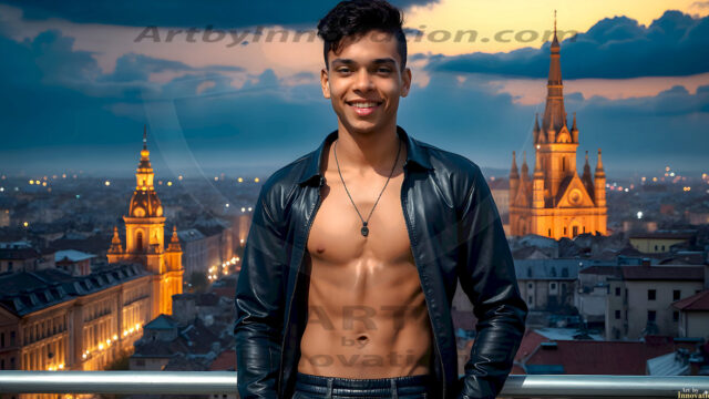 The Beautiful Young Men of the Golden City, is a collection of AI generated images of sexy, glamorous, handsome guys in the heavens. In this fantasy photograph of a young men in their late teens and 20's, overlooking a large golden city in the heavens. Generated to be as realistic as possible, in this this fantasy setting, with todays technology. Wearing jeans, an unbuttoned, vibrant, long-sleeve, button down shirt. The subject is enjoying a beautiful day outdoors. The mystical, galactic landscape, and the vibrant cosmic canopies, every detail, from the texture of the clouds, to the magnificent, majestic gothic architecture of the golden city, is crafted to create an atmosphere of reverence and divine glory. With a breathtaking scene, offering warm golden hour lighting. The heavenly landscape evokes a sense of freedom and tranquility, that is expresses through his facial features and smile, as day turns to night. The heavenly landscape evokes a sense of mysterious black space and light, with a vast galaxy that almost covers the image, the stars and constellations sparkle bright, in dark blue sky.