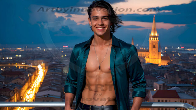 The Beautiful Young Men of the Golden City, is a collection of AI generated images of sexy, glamorous, handsome guys in the heavens. In this fantasy photograph of a young men in their late teens and 20's, overlooking a large golden city in the heavens. Generated to be as realistic as possible, in this this fantasy setting, with todays technology. Wearing jeans, an unbuttoned, vibrant, long-sleeve, button down shirt. The subject is enjoying a beautiful day outdoors. The mystical, galactic landscape, and the vibrant cosmic canopies, every detail, from the texture of the clouds, to the magnificent, majestic gothic architecture of the golden city, is crafted to create an atmosphere of reverence and divine glory. With a breathtaking scene, offering warm golden hour lighting. The heavenly landscape evokes a sense of freedom and tranquility, that is expresses through his facial features and smile, as day turns to night. The heavenly landscape evokes a sense of mysterious black space and light, with a vast galaxy that almost covers the image, the stars and constellations sparkle bright, in dark blue sky.