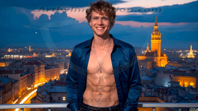 The Beautiful Young Men of the Golden City, is a collection of AI generated images of sexy, glamorous, handsome guys in the heavens. In this fantasy photograph of a young men in their late teens and 20's, overlooking a large golden city in the heavens. Generated to be as realistic as possible, in this this fantasy setting, with todays technology. Wearing jeans, an unbuttoned, vibrant, long-sleeve, button down shirt. The subject is enjoying a beautiful day outdoors. The mystical, galactic landscape, and the vibrant cosmic canopies, every detail, from the texture of the clouds, to the magnificent, majestic gothic architecture of the golden city, is crafted to create an atmosphere of reverence and divine glory. With a breathtaking scene, offering warm golden hour lighting. The heavenly landscape evokes a sense of freedom and tranquility, that is expresses through his facial features and smile, as day turns to night. The heavenly landscape evokes a sense of mysterious black space and light, with a vast galaxy that almost covers the image, the stars and constellations sparkle bright, in dark blue sky.