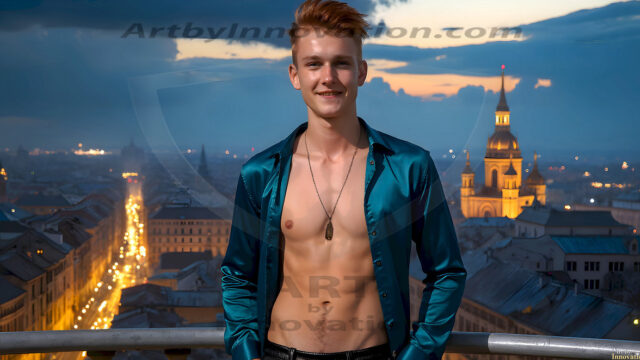 The Beautiful Young Men of the Golden City, is a collection of AI generated images of sexy, glamorous, handsome guys in the heavens. In this fantasy photograph of a young men in their late teens and 20's, overlooking a large golden city in the heavens. Generated to be as realistic as possible, in this this fantasy setting, with todays technology. Wearing jeans, an unbuttoned, vibrant, long-sleeve, button down shirt. The subject is enjoying a beautiful day outdoors. The mystical, galactic landscape, and the vibrant cosmic canopies, every detail, from the texture of the clouds, to the magnificent, majestic gothic architecture of the golden city, is crafted to create an atmosphere of reverence and divine glory. With a breathtaking scene, offering warm golden hour lighting. The heavenly landscape evokes a sense of freedom and tranquility, that is expresses through his facial features and smile, as day turns to night. The heavenly landscape evokes a sense of mysterious black space and light, with a vast galaxy that almost covers the image, the stars and constellations sparkle bright, in dark blue sky.