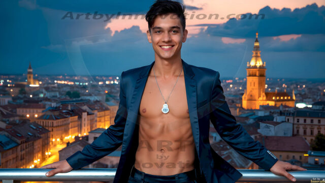 The Beautiful Young Men of the Golden City, is a collection of AI generated images of sexy, glamorous, handsome guys in the heavens. In this fantasy photograph of a young men in their late teens and 20's, overlooking a large golden city in the heavens. Generated to be as realistic as possible, in this this fantasy setting, with todays technology. Wearing jeans, an unbuttoned, vibrant, long-sleeve, button down shirt. The subject is enjoying a beautiful day outdoors. The mystical, galactic landscape, and the vibrant cosmic canopies, every detail, from the texture of the clouds, to the magnificent, majestic gothic architecture of the golden city, is crafted to create an atmosphere of reverence and divine glory. With a breathtaking scene, offering warm golden hour lighting. The heavenly landscape evokes a sense of freedom and tranquility, that is expresses through his facial features and smile, as day turns to night. The heavenly landscape evokes a sense of mysterious black space and light, with a vast galaxy that almost covers the image, the stars and constellations sparkle bright, in dark blue sky.