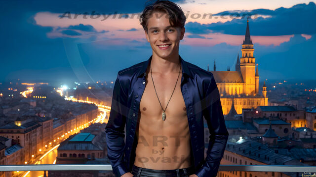 The Beautiful Young Men of the Golden City, is a collection of AI generated images of sexy, glamorous, handsome guys in the heavens. In this fantasy photograph of a young men in their late teens and 20's, overlooking a large golden city in the heavens. Generated to be as realistic as possible, in this this fantasy setting, with todays technology. Wearing jeans, an unbuttoned, vibrant, long-sleeve, button down shirt. The subject is enjoying a beautiful day outdoors. The mystical, galactic landscape, and the vibrant cosmic canopies, every detail, from the texture of the clouds, to the magnificent, majestic gothic architecture of the golden city, is crafted to create an atmosphere of reverence and divine glory. With a breathtaking scene, offering warm golden hour lighting. The heavenly landscape evokes a sense of freedom and tranquility, that is expresses through his facial features and smile, as day turns to night. The heavenly landscape evokes a sense of mysterious black space and light, with a vast galaxy that almost covers the image, the stars and constellations sparkle bright, in dark blue sky.