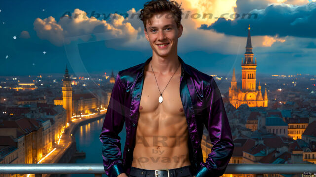 The Beautiful Young Men of the Golden City, is a collection of AI generated images of sexy, glamorous, handsome guys in the heavens. In this fantasy photograph of a young men in their late teens and 20's, overlooking a large golden city in the heavens. Generated to be as realistic as possible, in this this fantasy setting, with todays technology. Wearing jeans, an unbuttoned, vibrant, long-sleeve, button down shirt. The subject is enjoying a beautiful day outdoors. The mystical, galactic landscape, and the vibrant cosmic canopies, every detail, from the texture of the clouds, to the magnificent, majestic gothic architecture of the golden city, is crafted to create an atmosphere of reverence and divine glory. With a breathtaking scene, offering warm golden hour lighting. The heavenly landscape evokes a sense of freedom and tranquility, that is expresses through his facial features and smile, as day turns to night. The heavenly landscape evokes a sense of mysterious black space and light, with a vast galaxy that almost covers the image, the stars and constellations sparkle bright, in dark blue sky.