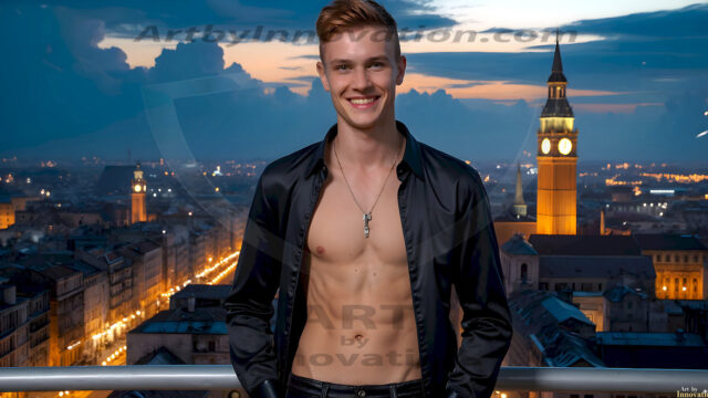 The Beautiful Young Men of the Golden City, is a collection of AI generated images of sexy, glamorous, handsome guys in the heavens. In this fantasy photograph of a young men in their late teens and 20's, overlooking a large golden city in the heavens. Generated to be as realistic as possible, in this this fantasy setting, with todays technology. Wearing jeans, an unbuttoned, vibrant, long-sleeve, button down shirt. The subject is enjoying a beautiful day outdoors. The mystical, galactic landscape, and the vibrant cosmic canopies, every detail, from the texture of the clouds, to the magnificent, majestic gothic architecture of the golden city, is crafted to create an atmosphere of reverence and divine glory. With a breathtaking scene, offering warm golden hour lighting. The heavenly landscape evokes a sense of freedom and tranquility, that is expresses through his facial features and smile, as day turns to night. The heavenly landscape evokes a sense of mysterious black space and light, with a vast galaxy that almost covers the image, the stars and constellations sparkle bright, in dark blue sky.