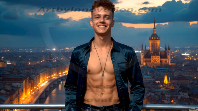 The Beautiful Young Men of the Golden City, is a collection of AI generated images of sexy, glamorous, handsome guys in the heavens. In this fantasy photograph of a young men in their late teens and 20's, overlooking a large golden city in the heavens. Generated to be as realistic as possible, in this this fantasy setting, with todays technology. Wearing jeans, an unbuttoned, vibrant, long-sleeve, button down shirt. The subject is enjoying a beautiful day outdoors. The mystical, galactic landscape, and the vibrant cosmic canopies, every detail, from the texture of the clouds, to the magnificent, majestic gothic architecture of the golden city, is crafted to create an atmosphere of reverence and divine glory. With a breathtaking scene, offering warm golden hour lighting. The heavenly landscape evokes a sense of freedom and tranquility, that is expresses through his facial features and smile, as day turns to night. The heavenly landscape evokes a sense of mysterious black space and light, with a vast galaxy that almost covers the image, the stars and constellations sparkle bright, in dark blue sky.