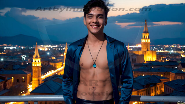 The Beautiful Young Men of the Golden City, is a collection of AI generated images of sexy, glamorous, handsome guys in the heavens. In this fantasy photograph of a young men in their late teens and 20's, overlooking a large golden city in the heavens. Generated to be as realistic as possible, in this this fantasy setting, with todays technology. Wearing jeans, an unbuttoned, vibrant, long-sleeve, button down shirt. The subject is enjoying a beautiful day outdoors. The mystical, galactic landscape, and the vibrant cosmic canopies, every detail, from the texture of the clouds, to the magnificent, majestic gothic architecture of the golden city, is crafted to create an atmosphere of reverence and divine glory. With a breathtaking scene, offering warm golden hour lighting. The heavenly landscape evokes a sense of freedom and tranquility, that is expresses through his facial features and smile, as day turns to night. The heavenly landscape evokes a sense of mysterious black space and light, with a vast galaxy that almost covers the image, the stars and constellations sparkle bright, in dark blue sky.