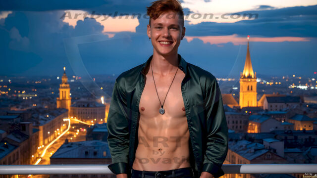 The Beautiful Young Men of the Golden City, is a collection of AI generated images of sexy, glamorous, handsome guys in the heavens. In this fantasy photograph of a young men in their late teens and 20's, overlooking a large golden city in the heavens. Generated to be as realistic as possible, in this this fantasy setting, with todays technology. Wearing jeans, an unbuttoned, vibrant, long-sleeve, button down shirt. The subject is enjoying a beautiful day outdoors. The mystical, galactic landscape, and the vibrant cosmic canopies, every detail, from the texture of the clouds, to the magnificent, majestic gothic architecture of the golden city, is crafted to create an atmosphere of reverence and divine glory. With a breathtaking scene, offering warm golden hour lighting. The heavenly landscape evokes a sense of freedom and tranquility, that is expresses through his facial features and smile, as day turns to night. The heavenly landscape evokes a sense of mysterious black space and light, with a vast galaxy that almost covers the image, the stars and constellations sparkle bright, in dark blue sky.