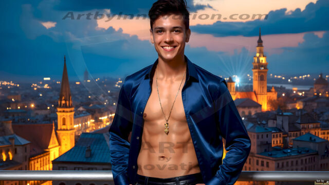 The Beautiful Young Men of the Golden City, is a collection of AI generated images of sexy, glamorous, handsome guys in the heavens. In this fantasy photograph of a young men in their late teens and 20's, overlooking a large golden city in the heavens. Generated to be as realistic as possible, in this this fantasy setting, with todays technology. Wearing jeans, an unbuttoned, vibrant, long-sleeve, button down shirt. The subject is enjoying a beautiful day outdoors. The mystical, galactic landscape, and the vibrant cosmic canopies, every detail, from the texture of the clouds, to the magnificent, majestic gothic architecture of the golden city, is crafted to create an atmosphere of reverence and divine glory. With a breathtaking scene, offering warm golden hour lighting. The heavenly landscape evokes a sense of freedom and tranquility, that is expresses through his facial features and smile, as day turns to night. The heavenly landscape evokes a sense of mysterious black space and light, with a vast galaxy that almost covers the image, the stars and constellations sparkle bright, in dark blue sky.