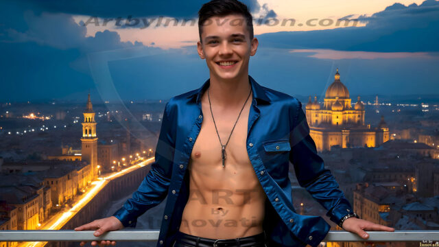 The Beautiful Young Men of the Golden City, is a collection of AI generated images of sexy, glamorous, handsome guys in the heavens. In this fantasy photograph of a young men in their late teens and 20's, overlooking a large golden city in the heavens. Generated to be as realistic as possible, in this this fantasy setting, with todays technology. Wearing jeans, an unbuttoned, vibrant, long-sleeve, button down shirt. The subject is enjoying a beautiful day outdoors. The mystical, galactic landscape, and the vibrant cosmic canopies, every detail, from the texture of the clouds, to the magnificent, majestic gothic architecture of the golden city, is crafted to create an atmosphere of reverence and divine glory. With a breathtaking scene, offering warm golden hour lighting. The heavenly landscape evokes a sense of freedom and tranquility, that is expresses through his facial features and smile, as day turns to night. The heavenly landscape evokes a sense of mysterious black space and light, with a vast galaxy that almost covers the image, the stars and constellations sparkle bright, in dark blue sky.