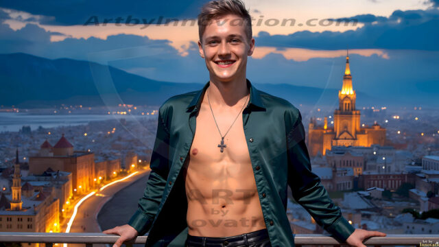 The Beautiful Young Men of the Golden City, is a collection of AI generated images of sexy, glamorous, handsome guys in the heavens. In this fantasy photograph of a young men in their late teens and 20's, overlooking a large golden city in the heavens. Generated to be as realistic as possible, in this this fantasy setting, with todays technology. Wearing jeans, an unbuttoned, vibrant, long-sleeve, button down shirt. The subject is enjoying a beautiful day outdoors. The mystical, galactic landscape, and the vibrant cosmic canopies, every detail, from the texture of the clouds, to the magnificent, majestic gothic architecture of the golden city, is crafted to create an atmosphere of reverence and divine glory. With a breathtaking scene, offering warm golden hour lighting. The heavenly landscape evokes a sense of freedom and tranquility, that is expresses through his facial features and smile, as day turns to night. The heavenly landscape evokes a sense of mysterious black space and light, with a vast galaxy that almost covers the image, the stars and constellations sparkle bright, in dark blue sky.