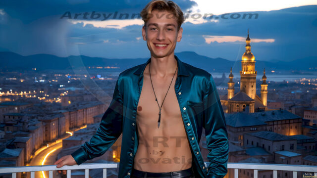 The Beautiful Young Men of the Golden City, is a collection of AI generated images of sexy, glamorous, handsome guys in the heavens. In this fantasy photograph of a young men in their late teens and 20's, overlooking a large golden city in the heavens. Generated to be as realistic as possible, in this this fantasy setting, with todays technology. Wearing jeans, an unbuttoned, vibrant, long-sleeve, button down shirt. The subject is enjoying a beautiful day outdoors. The mystical, galactic landscape, and the vibrant cosmic canopies, every detail, from the texture of the clouds, to the magnificent, majestic gothic architecture of the golden city, is crafted to create an atmosphere of reverence and divine glory. With a breathtaking scene, offering warm golden hour lighting. The heavenly landscape evokes a sense of freedom and tranquility, that is expresses through his facial features and smile, as day turns to night. The heavenly landscape evokes a sense of mysterious black space and light, with a vast galaxy that almost covers the image, the stars and constellations sparkle bright, in dark blue sky.