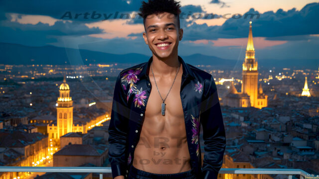 The Beautiful Young Men of the Golden City, is a collection of AI generated images of sexy, glamorous, handsome guys in the heavens. In this fantasy photograph of a young men in their late teens and 20's, overlooking a large golden city in the heavens. Generated to be as realistic as possible, in this this fantasy setting, with todays technology. Wearing jeans, an unbuttoned, vibrant, long-sleeve, button down shirt. The subject is enjoying a beautiful day outdoors. The mystical, galactic landscape, and the vibrant cosmic canopies, every detail, from the texture of the clouds, to the magnificent, majestic gothic architecture of the golden city, is crafted to create an atmosphere of reverence and divine glory. With a breathtaking scene, offering warm golden hour lighting. The heavenly landscape evokes a sense of freedom and tranquility, that is expresses through his facial features and smile, as day turns to night. The heavenly landscape evokes a sense of mysterious black space and light, with a vast galaxy that almost covers the image, the stars and constellations sparkle bright, in dark blue sky.