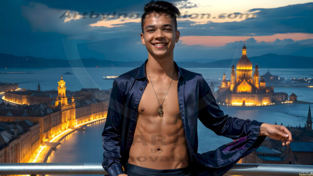 The Beautiful Young Men of the Golden City, is a collection of AI generated images of sexy, glamorous, handsome guys in the heavens. In this fantasy photograph of a young men in their late teens and 20's, overlooking a large golden city in the heavens. Generated to be as realistic as possible, in this this fantasy setting, with todays technology. Wearing jeans, an unbuttoned, vibrant, long-sleeve, button down shirt. The subject is enjoying a beautiful day outdoors. The mystical, galactic landscape, and the vibrant cosmic canopies, every detail, from the texture of the clouds, to the magnificent, majestic gothic architecture of the golden city, is crafted to create an atmosphere of reverence and divine glory. With a breathtaking scene, offering warm golden hour lighting. The heavenly landscape evokes a sense of freedom and tranquility, that is expresses through his facial features and smile, as day turns to night. The heavenly landscape evokes a sense of mysterious black space and light, with a vast galaxy that almost covers the image, the stars and constellations sparkle bright, in dark blue sky.