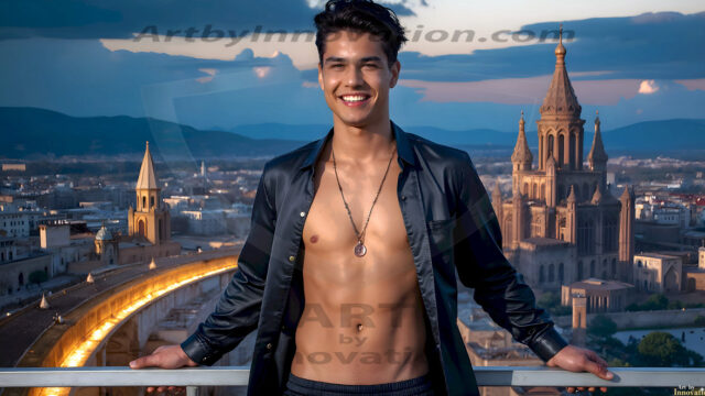 The Beautiful Young Men of the Golden City, is a collection of AI generated images of sexy, glamorous, handsome guys in the heavens. In this fantasy photograph of a young men in their late teens and 20's, overlooking a large golden city in the heavens. Generated to be as realistic as possible, in this this fantasy setting, with todays technology. Wearing jeans, an unbuttoned, vibrant, long-sleeve, button down shirt. The subject is enjoying a beautiful day outdoors. The mystical, galactic landscape, and the vibrant cosmic canopies, every detail, from the texture of the clouds, to the magnificent, majestic gothic architecture of the golden city, is crafted to create an atmosphere of reverence and divine glory. With a breathtaking scene, offering warm golden hour lighting. The heavenly landscape evokes a sense of freedom and tranquility, that is expresses through his facial features and smile, as day turns to night. The heavenly landscape evokes a sense of mysterious black space and light, with a vast galaxy that almost covers the image, the stars and constellations sparkle bright, in dark blue sky.