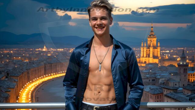The Beautiful Young Men of the Golden City, is a collection of AI generated images of sexy, glamorous, handsome guys in the heavens. In this fantasy photograph of a young men in their late teens and 20's, overlooking a large golden city in the heavens. Generated to be as realistic as possible, in this this fantasy setting, with todays technology. Wearing jeans, an unbuttoned, vibrant, long-sleeve, button down shirt. The subject is enjoying a beautiful day outdoors. The mystical, galactic landscape, and the vibrant cosmic canopies, every detail, from the texture of the clouds, to the magnificent, majestic gothic architecture of the golden city, is crafted to create an atmosphere of reverence and divine glory. With a breathtaking scene, offering warm golden hour lighting. The heavenly landscape evokes a sense of freedom and tranquility, that is expresses through his facial features and smile, as day turns to night. The heavenly landscape evokes a sense of mysterious black space and light, with a vast galaxy that almost covers the image, the stars and constellations sparkle bright, in dark blue sky.