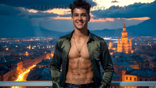 The Beautiful Young Men of the Golden City, is a collection of AI generated images of sexy, glamorous, handsome guys in the heavens. In this fantasy photograph of a young men in their late teens and 20's, overlooking a large golden city in the heavens. Generated to be as realistic as possible, in this this fantasy setting, with todays technology. Wearing jeans, an unbuttoned, vibrant, long-sleeve, button down shirt. The subject is enjoying a beautiful day outdoors. The mystical, galactic landscape, and the vibrant cosmic canopies, every detail, from the texture of the clouds, to the magnificent, majestic gothic architecture of the golden city, is crafted to create an atmosphere of reverence and divine glory. With a breathtaking scene, offering warm golden hour lighting. The heavenly landscape evokes a sense of freedom and tranquility, that is expresses through his facial features and smile, as day turns to night. The heavenly landscape evokes a sense of mysterious black space and light, with a vast galaxy that almost covers the image, the stars and constellations sparkle bright, in dark blue sky.
