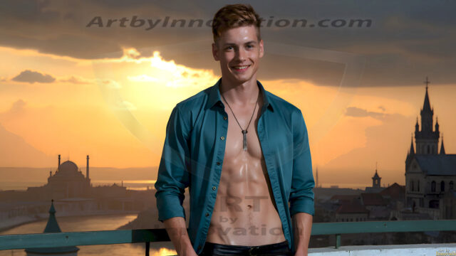 The Beautiful Young Men of the Golden City, is a collection of AI generated images of sexy, glamorous, handsome guys in the heavens. In this fantasy photograph of a young men in their late teens and 20's, overlooking a large golden city in the heavens. Generated to be as realistic as possible, in this this fantasy setting, with todays technology. Wearing jeans, an unbuttoned, vibrant, long-sleeve, button down shirt. The subject is enjoying a beautiful day outdoors. The mystical, galactic landscape, and the vibrant cosmic canopies, every detail, from the texture of the clouds, to the magnificent, majestic gothic architecture of the golden city, is crafted to create an atmosphere of reverence and divine glory. With a breathtaking scene, offering warm golden hour lighting. The heavenly landscape evokes a sense of freedom and tranquility, that is expresses through his facial features and smile, as day turns to night. The heavenly landscape evokes a sense of mysterious black space and light, with a vast galaxy that almost covers the image, the stars and constellations sparkle bright, in dark blue sky.