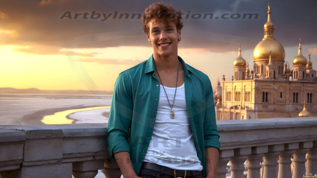 The Beautiful Young Men of the Golden City, is a collection of AI generated images of sexy, glamorous, handsome guys in the heavens. In this fantasy photograph of a young men in their late teens and 20's, overlooking a large golden city in the heavens. Generated to be as realistic as possible, in this this fantasy setting, with todays technology. Wearing jeans, an unbuttoned, vibrant, long-sleeve, button down shirt. The subject is enjoying a beautiful day outdoors. The mystical, galactic landscape, and the vibrant cosmic canopies, every detail, from the texture of the clouds, to the magnificent, majestic gothic architecture of the golden city, is crafted to create an atmosphere of reverence and divine glory. With a breathtaking scene, offering warm golden hour lighting. The heavenly landscape evokes a sense of freedom and tranquility, that is expresses through his facial features and smile, as day turns to night. The heavenly landscape evokes a sense of mysterious black space and light, with a vast galaxy that almost covers the image, the stars and constellations sparkle bright, in dark blue sky.
