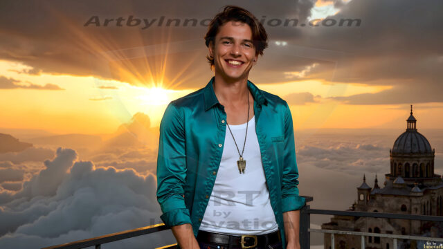 The Beautiful Young Men of the Golden City, is a collection of AI generated images of sexy, glamorous, handsome guys in the heavens. In this fantasy photograph of a young men in their late teens and 20's, overlooking a large golden city in the heavens. Generated to be as realistic as possible, in this this fantasy setting, with todays technology. Wearing jeans, an unbuttoned, vibrant, long-sleeve, button down shirt. The subject is enjoying a beautiful day outdoors. The mystical, galactic landscape, and the vibrant cosmic canopies, every detail, from the texture of the clouds, to the magnificent, majestic gothic architecture of the golden city, is crafted to create an atmosphere of reverence and divine glory. With a breathtaking scene, offering warm golden hour lighting. The heavenly landscape evokes a sense of freedom and tranquility, that is expresses through his facial features and smile, as day turns to night. The heavenly landscape evokes a sense of mysterious black space and light, with a vast galaxy that almost covers the image, the stars and constellations sparkle bright, in dark blue sky.