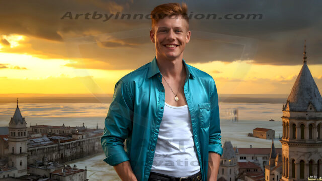 The Beautiful Young Men of the Golden City, is a collection of AI generated images of sexy, glamorous, handsome guys in the heavens. In this fantasy photograph of a young men in their late teens and 20's, overlooking a large golden city in the heavens. Generated to be as realistic as possible, in this this fantasy setting, with todays technology. Wearing jeans, an unbuttoned, vibrant, long-sleeve, button down shirt. The subject is enjoying a beautiful day outdoors. The mystical, galactic landscape, and the vibrant cosmic canopies, every detail, from the texture of the clouds, to the magnificent, majestic gothic architecture of the golden city, is crafted to create an atmosphere of reverence and divine glory. With a breathtaking scene, offering warm golden hour lighting. The heavenly landscape evokes a sense of freedom and tranquility, that is expresses through his facial features and smile, as day turns to night. The heavenly landscape evokes a sense of mysterious black space and light, with a vast galaxy that almost covers the image, the stars and constellations sparkle bright, in dark blue sky.