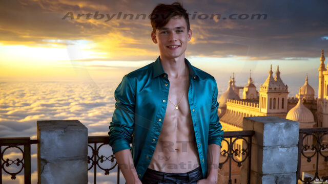 The Beautiful Young Men of the Golden City, is a collection of AI generated images of sexy, glamorous, handsome guys in the heavens. In this fantasy photograph of a young men in their late teens and 20's, overlooking a large golden city in the heavens. Generated to be as realistic as possible, in this this fantasy setting, with todays technology. Wearing jeans, an unbuttoned, vibrant, long-sleeve, button down shirt. The subject is enjoying a beautiful day outdoors. The mystical, galactic landscape, and the vibrant cosmic canopies, every detail, from the texture of the clouds, to the magnificent, majestic gothic architecture of the golden city, is crafted to create an atmosphere of reverence and divine glory. With a breathtaking scene, offering warm golden hour lighting. The heavenly landscape evokes a sense of freedom and tranquility, that is expresses through his facial features and smile, as day turns to night. The heavenly landscape evokes a sense of mysterious black space and light, with a vast galaxy that almost covers the image, the stars and constellations sparkle bright, in dark blue sky.