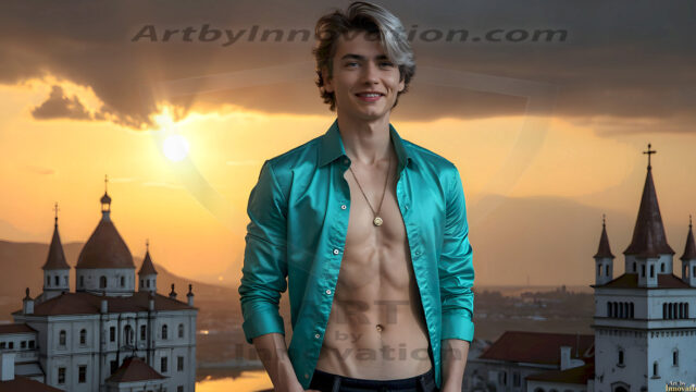 The Beautiful Young Men of the Golden City, is a collection of AI generated images of sexy, glamorous, handsome guys in the heavens. In this fantasy photograph of a young men in their late teens and 20's, overlooking a large golden city in the heavens. Generated to be as realistic as possible, in this this fantasy setting, with todays technology. Wearing jeans, an unbuttoned, vibrant, long-sleeve, button down shirt. The subject is enjoying a beautiful day outdoors. The mystical, galactic landscape, and the vibrant cosmic canopies, every detail, from the texture of the clouds, to the magnificent, majestic gothic architecture of the golden city, is crafted to create an atmosphere of reverence and divine glory. With a breathtaking scene, offering warm golden hour lighting. The heavenly landscape evokes a sense of freedom and tranquility, that is expresses through his facial features and smile, as day turns to night. The heavenly landscape evokes a sense of mysterious black space and light, with a vast galaxy that almost covers the image, the stars and constellations sparkle bright, in dark blue sky.