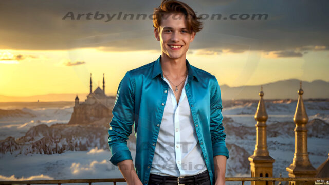 The Beautiful Young Men of the Golden City, is a collection of AI generated images of sexy, glamorous, handsome guys in the heavens. In this fantasy photograph of a young men in their late teens and 20's, overlooking a large golden city in the heavens. Generated to be as realistic as possible, in this this fantasy setting, with todays technology. Wearing jeans, an unbuttoned, vibrant, long-sleeve, button down shirt. The subject is enjoying a beautiful day outdoors. The mystical, galactic landscape, and the vibrant cosmic canopies, every detail, from the texture of the clouds, to the magnificent, majestic gothic architecture of the golden city, is crafted to create an atmosphere of reverence and divine glory. With a breathtaking scene, offering warm golden hour lighting. The heavenly landscape evokes a sense of freedom and tranquility, that is expresses through his facial features and smile, as day turns to night. The heavenly landscape evokes a sense of mysterious black space and light, with a vast galaxy that almost covers the image, the stars and constellations sparkle bright, in dark blue sky.
