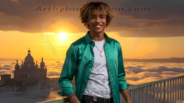 The Beautiful Young Men of the Golden City, is a collection of AI generated images of sexy, glamorous, handsome guys in the heavens. In this fantasy photograph of a young men in their late teens and 20's, overlooking a large golden city in the heavens. Generated to be as realistic as possible, in this this fantasy setting, with todays technology. Wearing jeans, an unbuttoned, vibrant, long-sleeve, button down shirt. The subject is enjoying a beautiful day outdoors. The mystical, galactic landscape, and the vibrant cosmic canopies, every detail, from the texture of the clouds, to the magnificent, majestic gothic architecture of the golden city, is crafted to create an atmosphere of reverence and divine glory. With a breathtaking scene, offering warm golden hour lighting. The heavenly landscape evokes a sense of freedom and tranquility, that is expresses through his facial features and smile, as day turns to night. The heavenly landscape evokes a sense of mysterious black space and light, with a vast galaxy that almost covers the image, the stars and constellations sparkle bright, in dark blue sky.